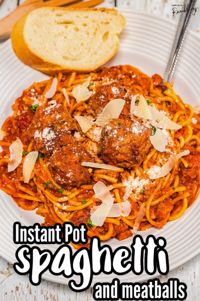 bowl of Instant Pot spaghetti and meatballs