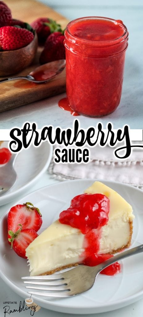 This easy strawberry sauce makes any dessert more delicious. Use it as a strawberry topping for cheesecake or ice cream! This sauce is quick and easy to make, with just four simple ingredients.