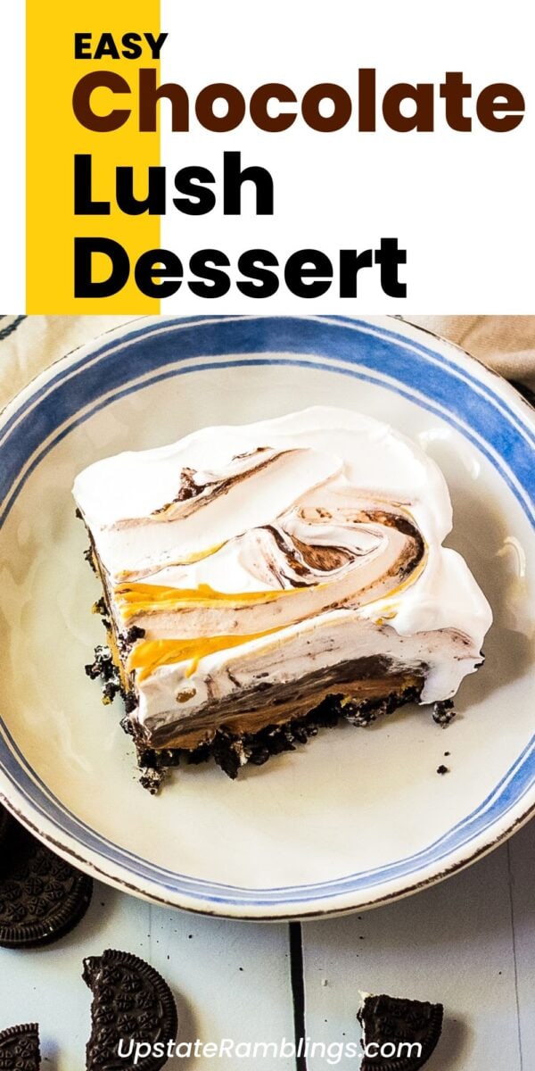 A slice of chocolate lush dessert with layers of cream and chocolate, served on a plate with Oreo cookies—just like a peanut butter chocolate lasagna. Text overlay reads "Easy Chocolate Lush Dessert.