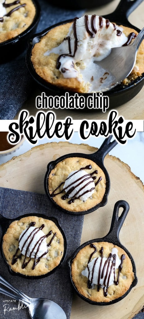 This fun chocolate chip skillet cookie is a quick and easy dessert! Also called a pizookie this tasty cookie is baked in a cast iron skillet and topped with vanilla ice cream for a delicious combination of warm and gooey cookie with cool ice cream.