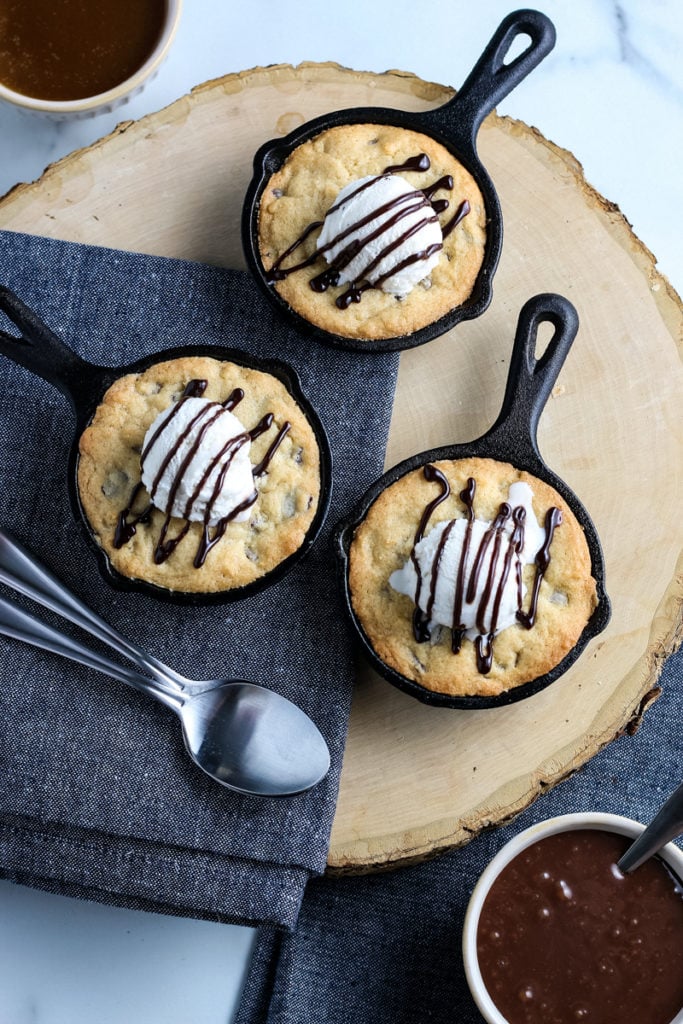 top view of mini skillet cookies on a cutting board