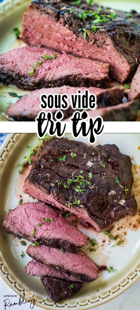 This sous vide tri tip recipe is delicious and easy. The tri tip steak is tender, delicious, and juicy. Finish it on your grill or in a cast iron skillet for a perfectly cooked and seasoned steak dinner.