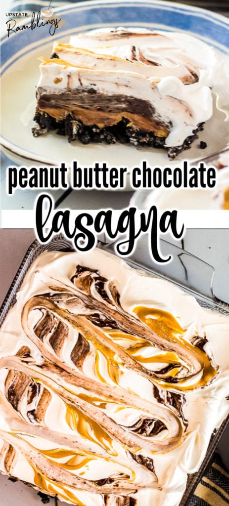 This easy no bake peanut butter chocolate lasagna is delicious! Layers of Oreo cookies, peanut butter cheesecake, chocolate pudding and whipped topping make a decadent 4 layer dessert that the entire family will enjoy!