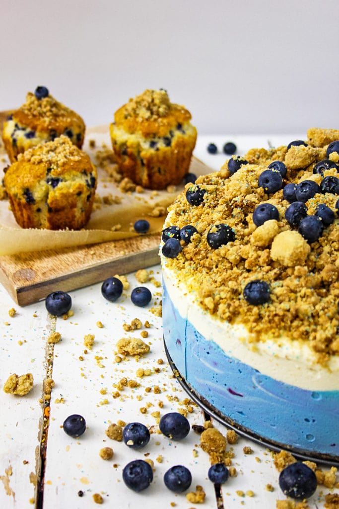 no bake blueberry cheesecake with muffins int he background