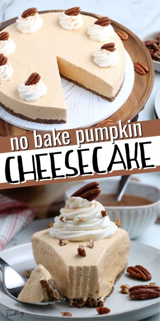 This no bake pumpkin cheesecake recipe is the perfect Thanksgiving dessert! A gingersnap crust is topped with rich and creamy pumpkin cheesecake filling for a delicious dessert. This recipe uses cool whip and sweetened condensed milk to make a simple no bake dessert.