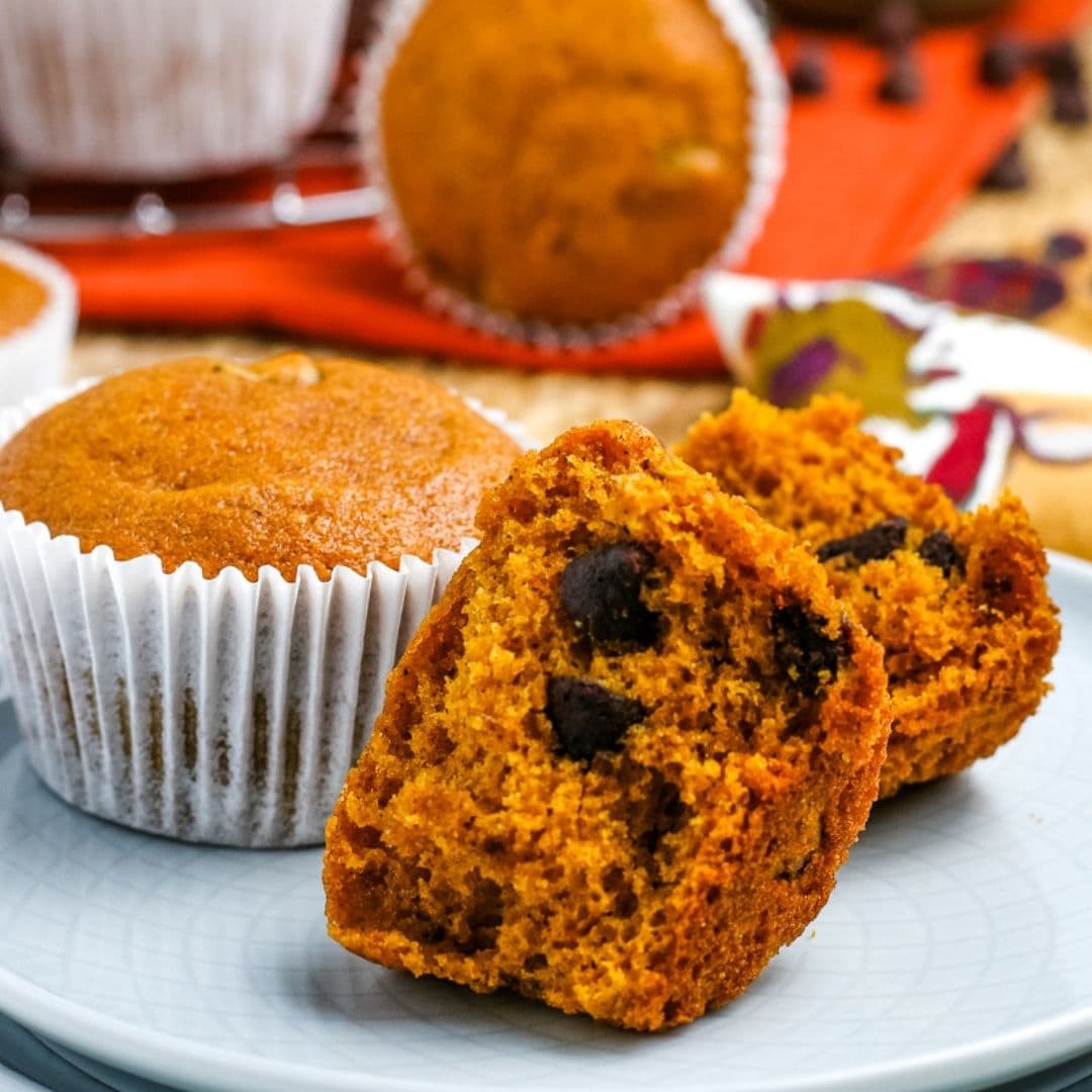 Chocolate chip pumpkin muffins on a plate with one cut open to show the insides.