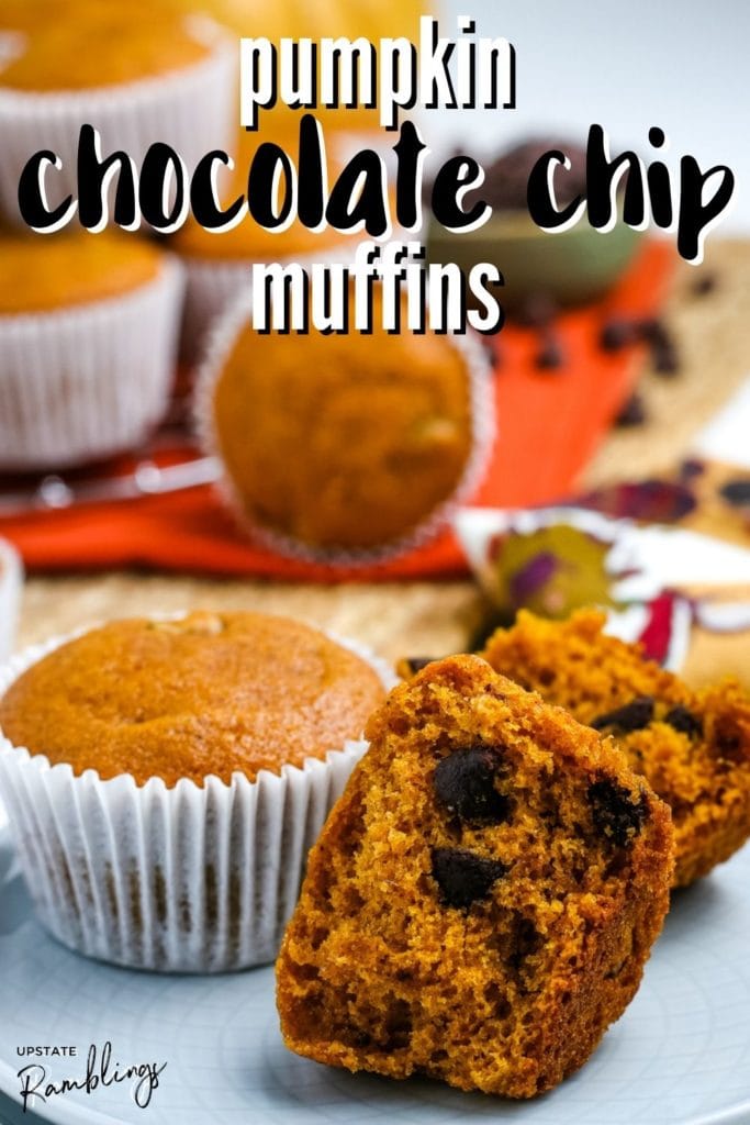 pumpkin muffins on a plate with more muffins in the background