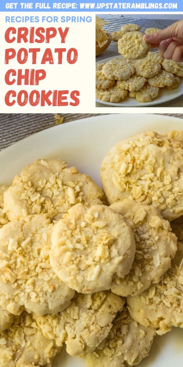 A plate of round potato chip cookies topped with crushed chips, with a hand reaching for one in a smaller inset image. Text reads: "Crispy Potato Chip Cookies.
