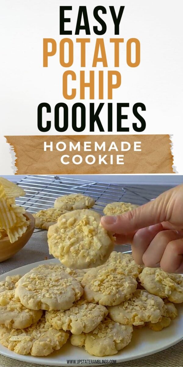 A hand holds a round potato chip cookie above a plate stacked with more potato chip cookies; cooling rack and crunchy potato chips appear in the background. Text reads "Easy Potato Chip Cookies Homemade Cookie.