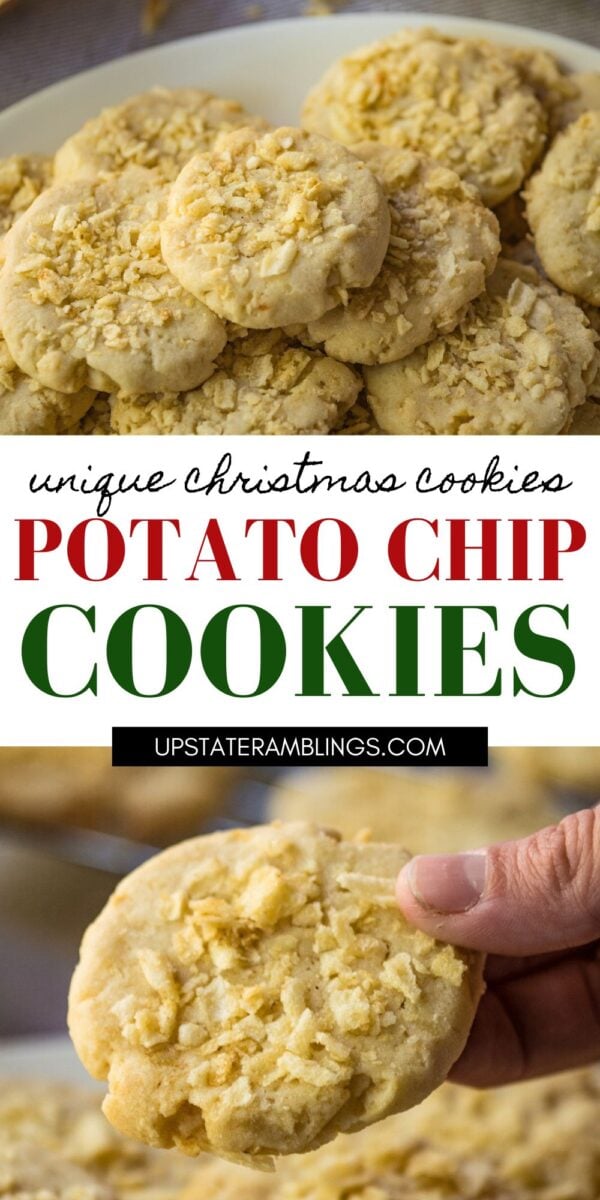 A plate of potato chip cookies with a close-up of a hand holding one cookie; text reads "Potato Chip Cookies" and "Unique Christmas Cookies"āperfect for anyone craving sweet and salty holiday treats.