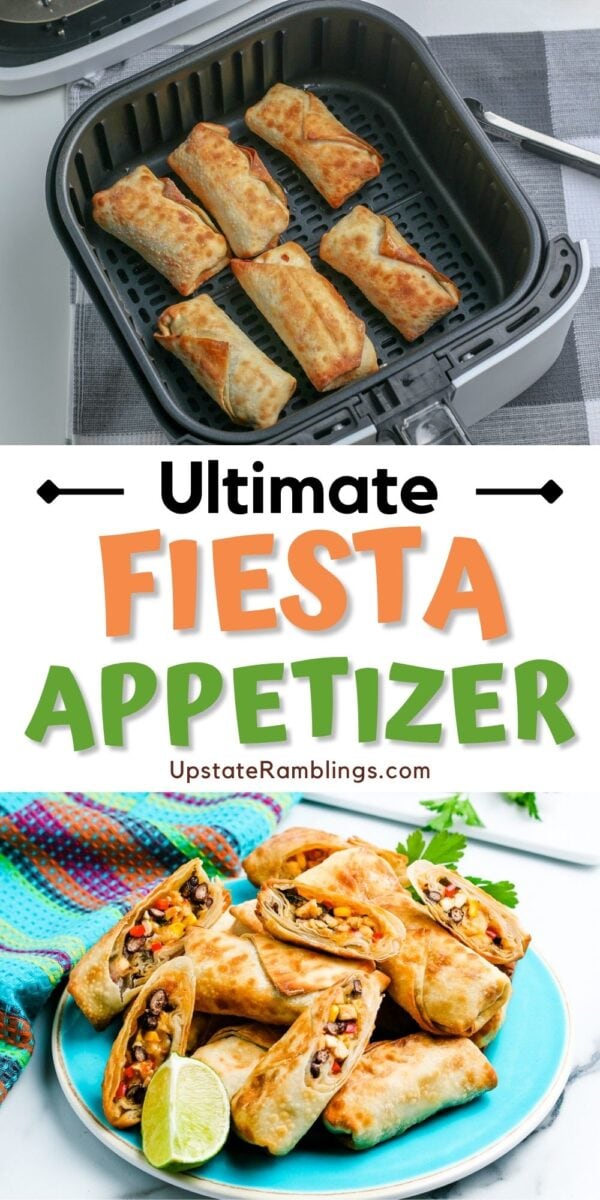 Six golden-brown southwest egg rolls in an air fryer basket above a plate of sliced, stuffed egg rolls garnished with cilantro and lime. Text reads "Ultimate Fiesta Appetizer.