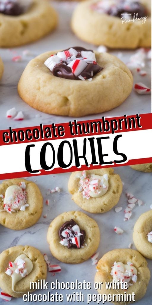 Chocolate thumbprint cookies are a fun twist on these traditional holiday cookies. Thumbprint cookies are filled with melted chocolate and topped with crushed candy cane pieces for a sweet and festive chocolate peppermint cookie. Use white chocolate or dark chocolate to make these tasty cookies.