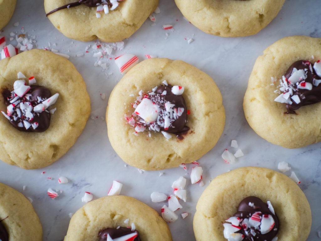 top view of chocolate thumbprint cookies