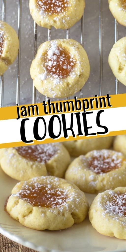 Jam thumbprint cookies are a Christmas tradition! In this easy recipe buttery shortbread dough is filled with sweet jam and sprinkled with powdered sugar for a delicious holiday cookie. Brighten up your Christmas cookie platter with these colorful jam cookies, just like grandma used to make. Perfect for any kind of jam including raspberry, apricot or strawberry.