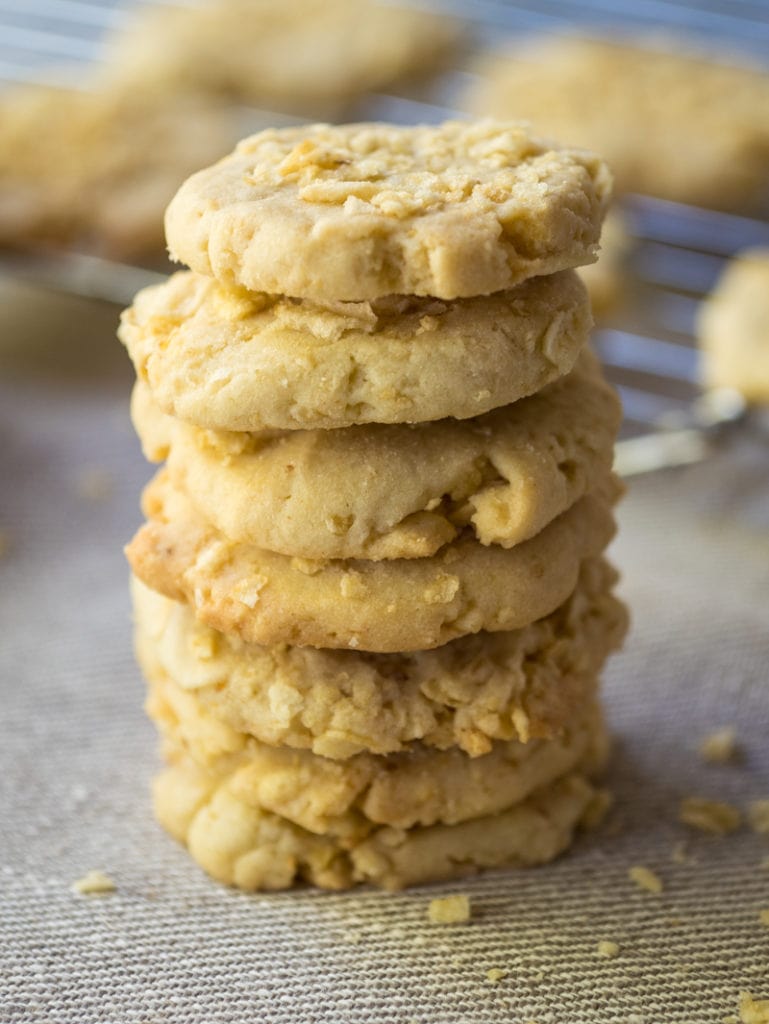 direct view of a stack of potato chip cookies after baking