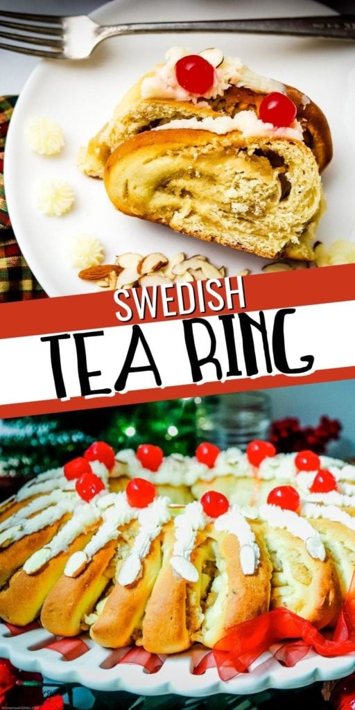 This Swedish Tea Ring is a traditional Scandinavian dessert that is perfect for the holidays. It is a wreath shaped pastry spiced with cardamom and filled with almond paste. This dessert is beautiful and makes an impressive pastry for Christmas!