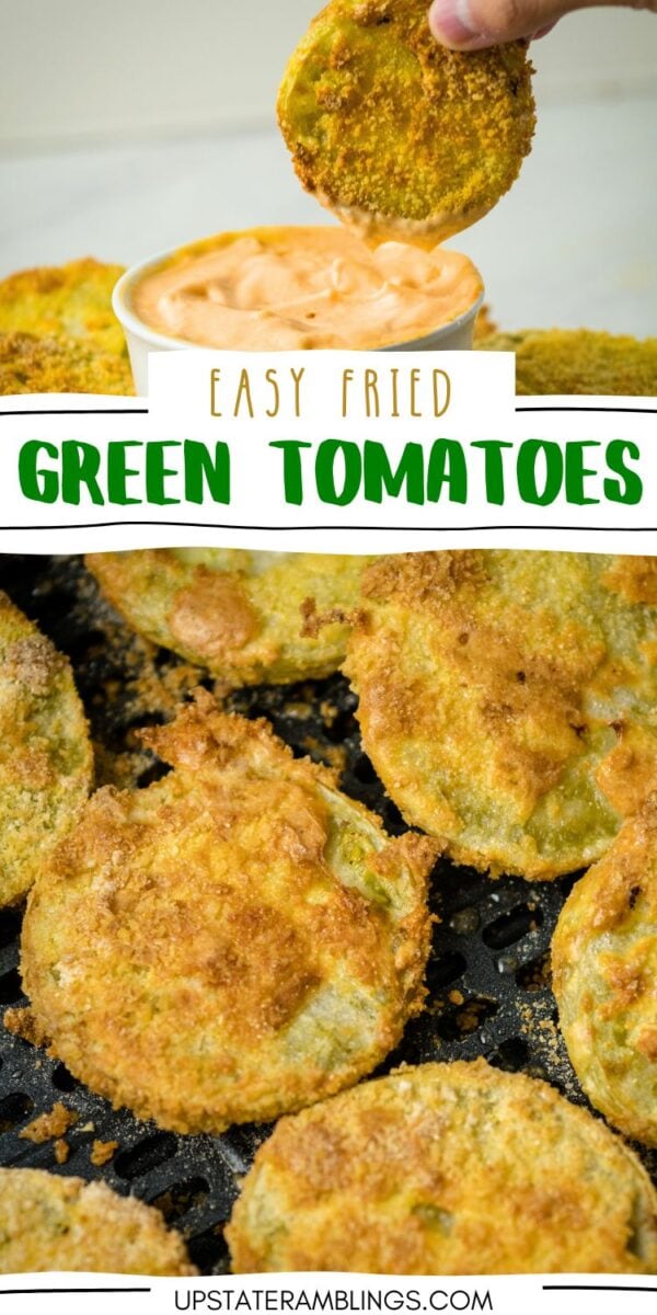 Close-up of crispy air fryer fried green tomatoes served with dipping sauce, with a hand holding one tomato slice above the sauce.