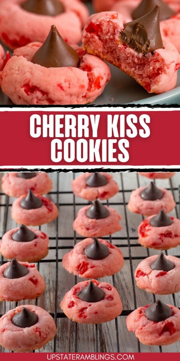 Cherry Kiss cookies with a Hershey's Kiss chocolate center, shown in a close-up image and on a cooling rack, resemble delightful chocolate cherry blossoms ready to be enjoyed.
