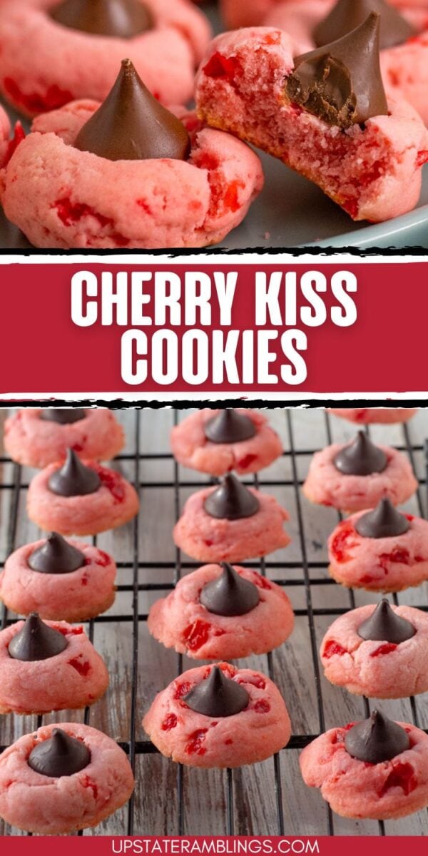 Chocolate cherry blossoms: Cherry-flavored cookies with chocolate kisses on top, shown on a plate and cooling rack, with a bitten cookie revealing a soft interior.