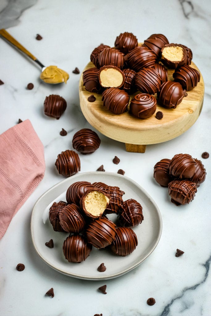 chocolate peanut butter balls after dipping