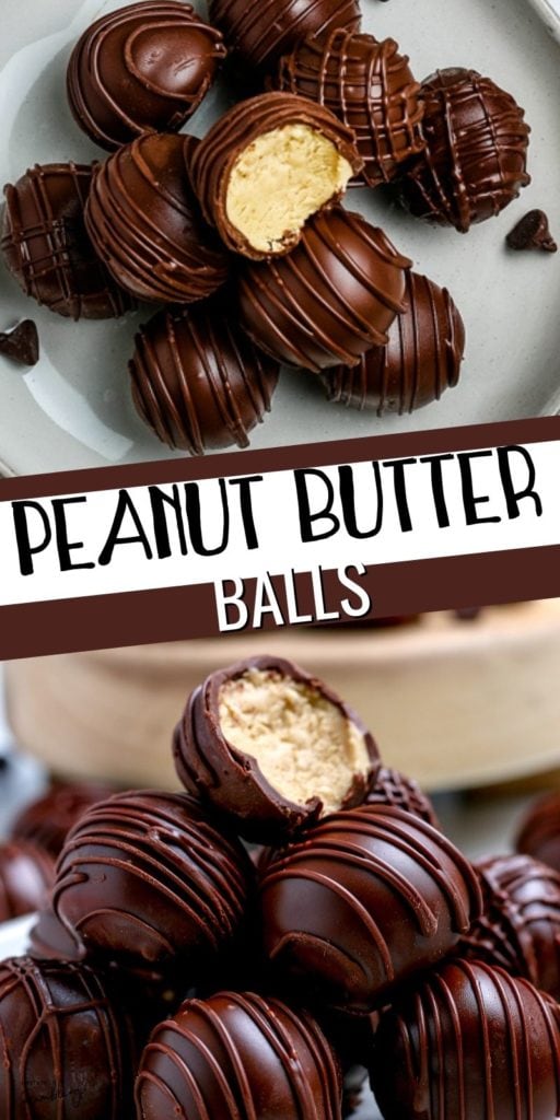 These easy to make chocolate peanut butter balls are a delicious and addictive no bake treat! A creamy peanut butter filling inside a hard chocolate coating makes an irresistible treat any time of year, but they are a classic Christmas dessert!