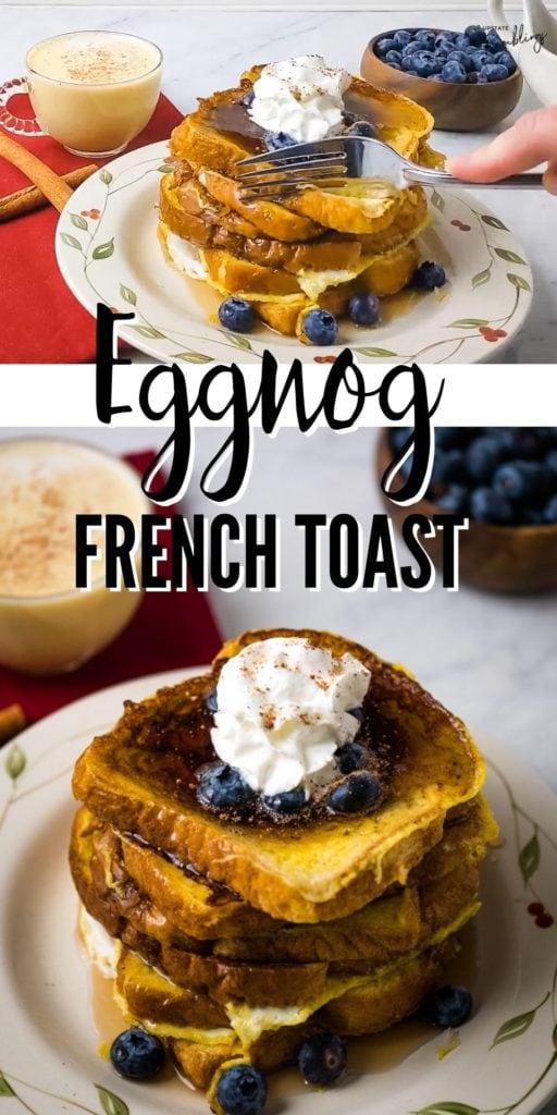 This easy eggnog French toast is the ultimate Christmas morning breakfast. It is quick and easy to make and using eggnog instead of milk gives basic French toast a fun holiday twist. Add some maple syrup and whipped cream for a festive and tasty holiday breakfast.