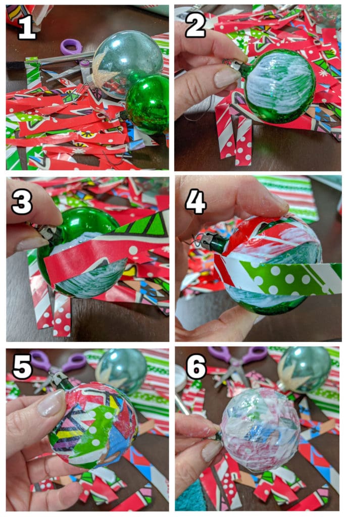 collage of steps in making a wrapping paper ornament