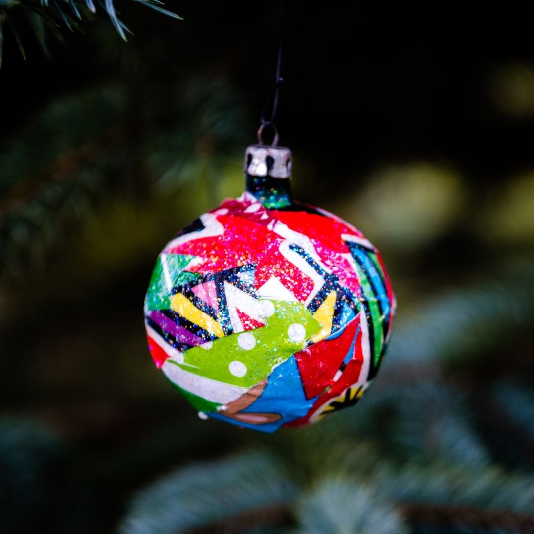 DIY wrapping paper ornament on a tree