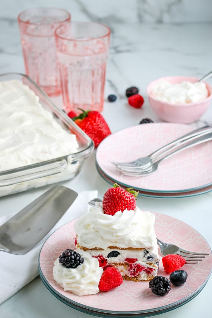 old fashioned icebox cake on pink plate
