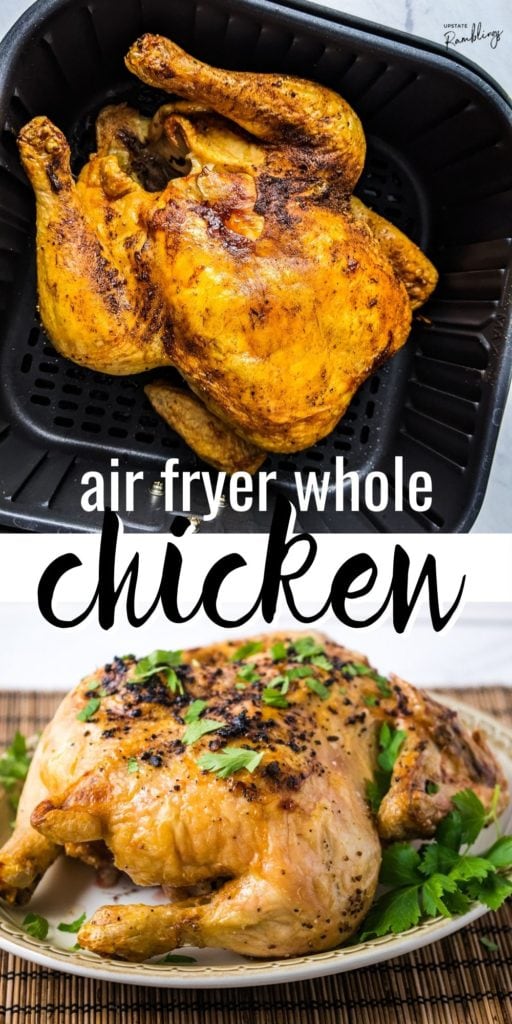 Cooking a whole chicken in the air fryer is a delicious and easy dinner recipe. The air fryer whole chicken is juicy and tender inside, with a nice crispy skin outside. This is a healthy family dinner that cooks in about an hour!