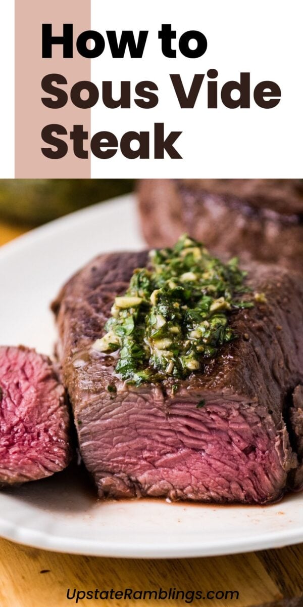 A plate of sliced sous vide sirloin steak topped with green herb sauce, showing a perfectly cooked, pink interior.