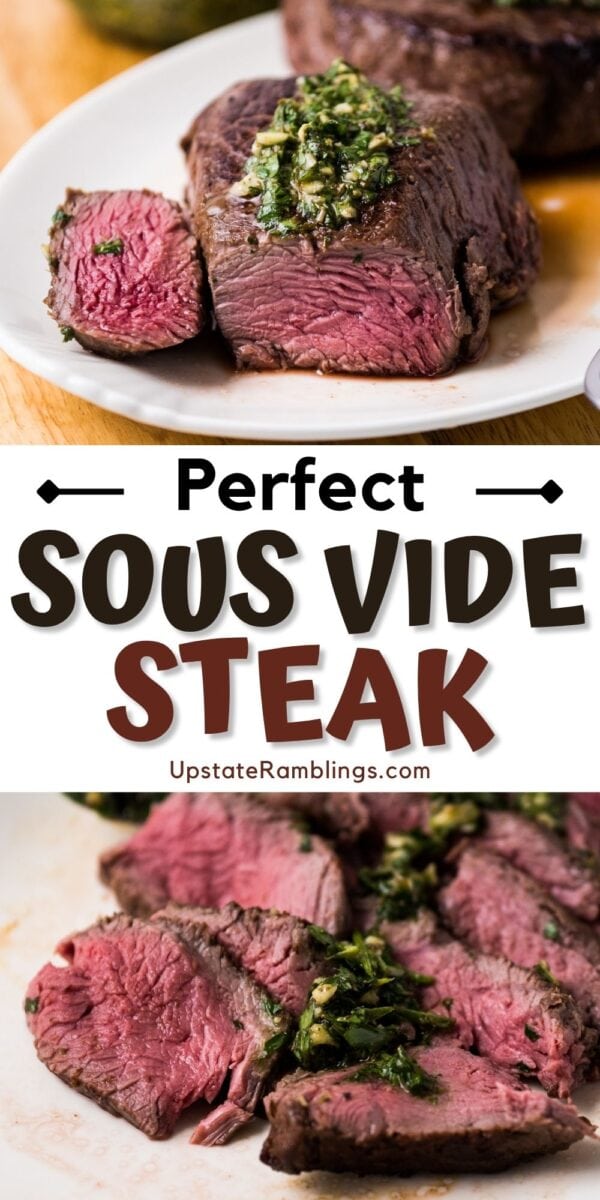 Close-up of sliced, medium-rare sous vide sirloin steak topped with green herb sauce, displayed on a white plate.