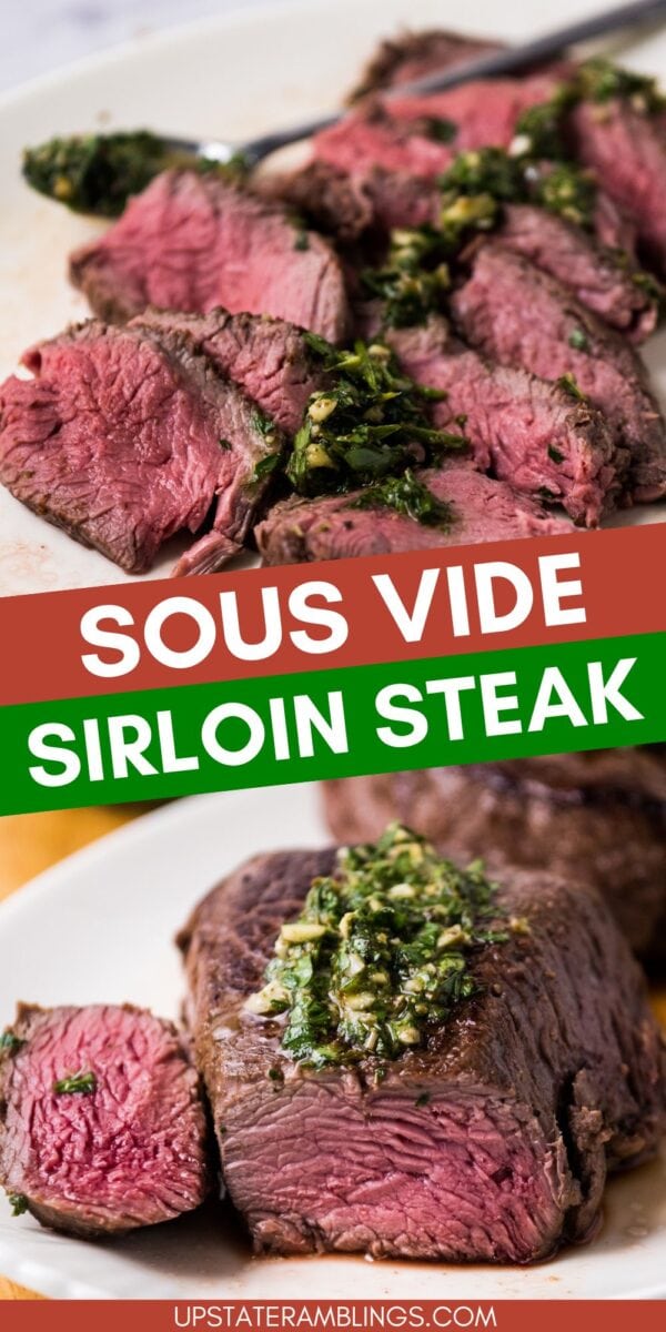Sliced sous vide sirloin steak topped with green herb sauce, beautifully displayed on a plate with a fork.