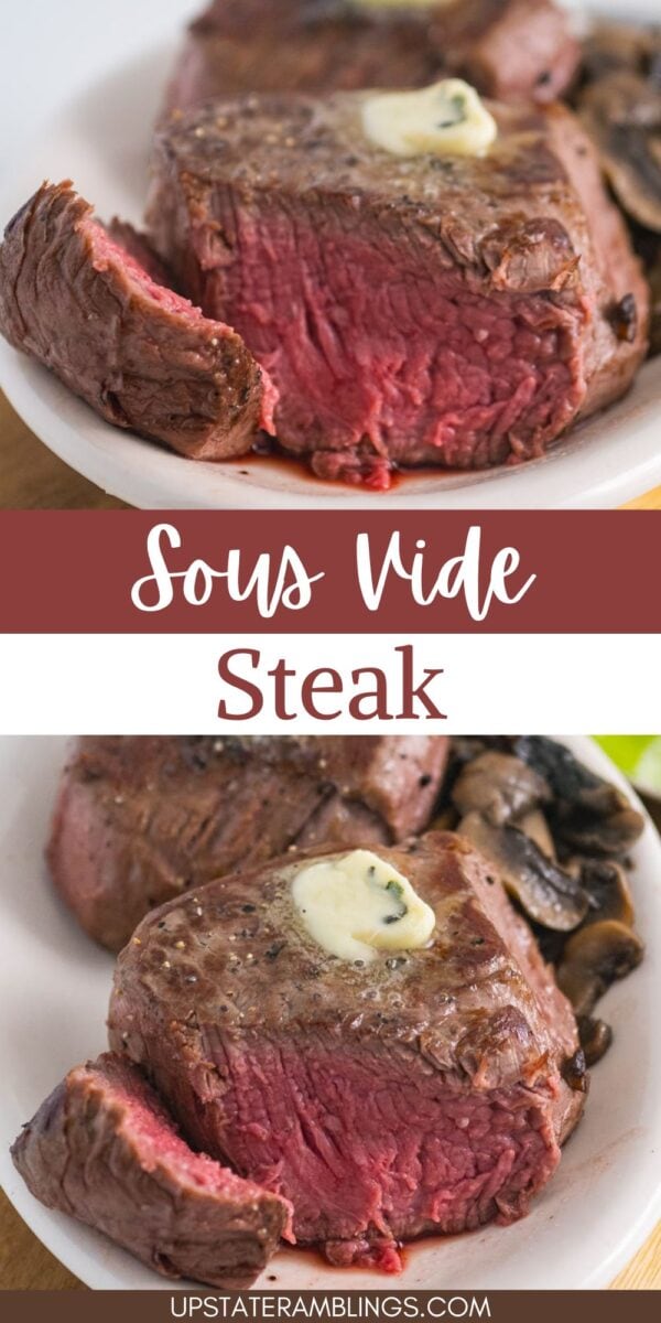 Two plates of sous vide sirloin steak, sliced to reveal a pink center, topped with a pat of butter and served alongside savory mushrooms.