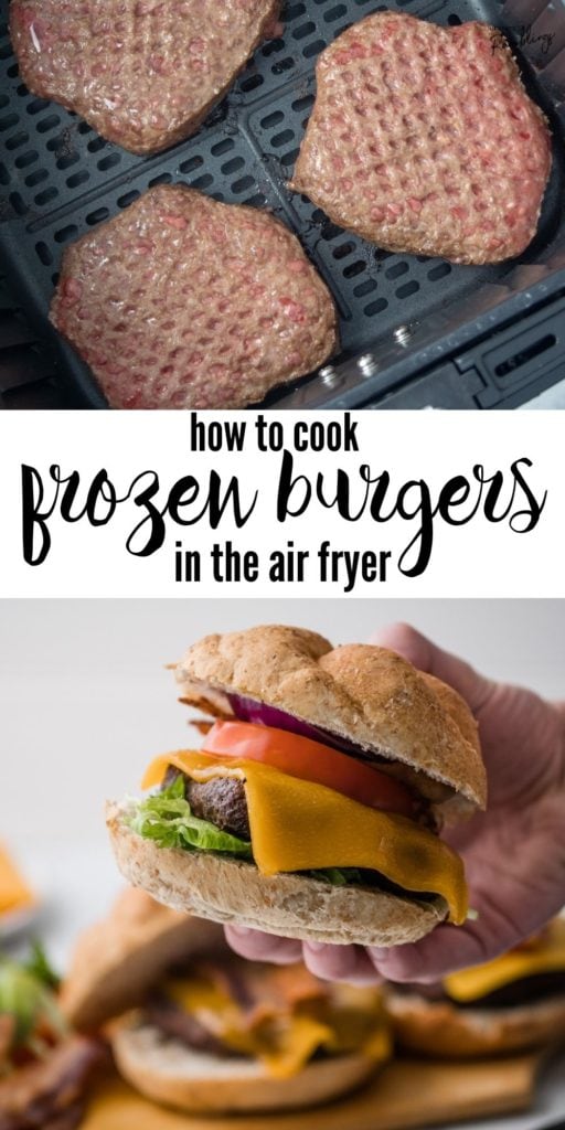 collage picture of air fryer frozen burgers