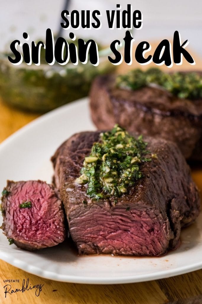 sous vide sirloin steak on a plate with chimichurri sauce