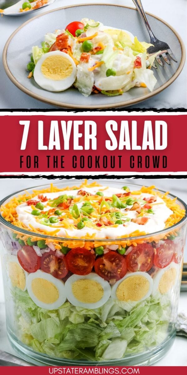A glass bowl of 7 layer salad with lettuce, eggs, tomatoes, peas, cheddar cheese, bacon, and a creamy topping. A serving is plated beside it with a fork.