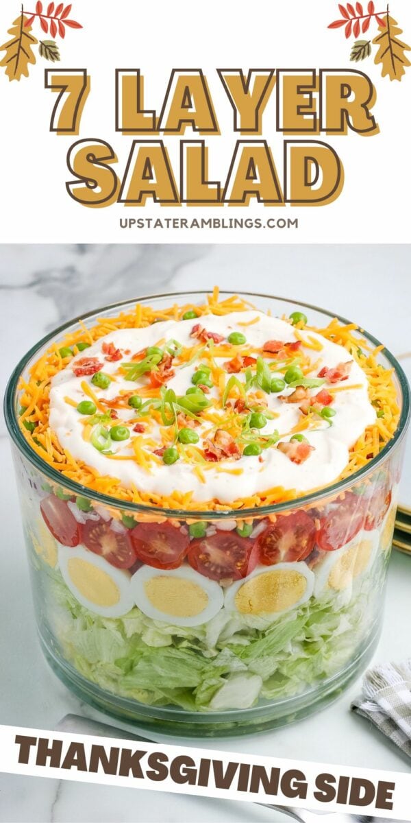 A glass bowl filled with a delicious 7 layer salad, featuring lettuce, tomatoes, sliced eggs, and topped with shredded cheese, green onions, and a creamy dressing. Text reads "7 Layer Salad" and "Thanksgiving Side.