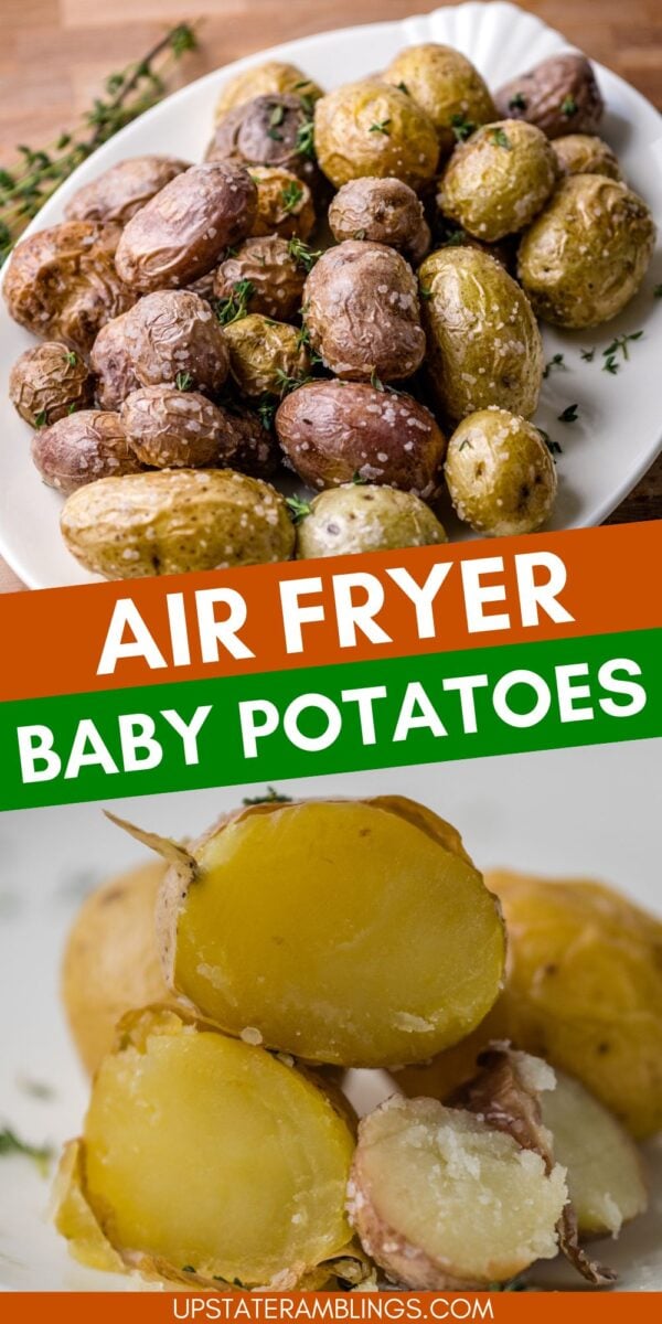 A plate of air fryer baby potatoes with herbs, shown whole and halved, with the text "Air Fryer Baby Potatoes" overlaid on the image.