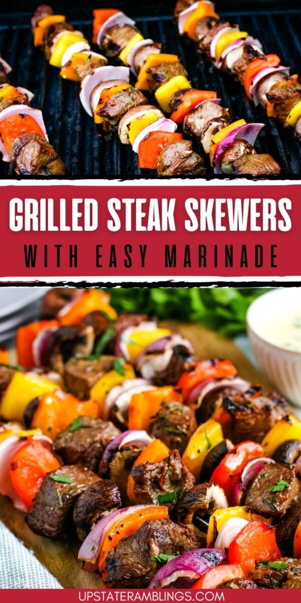 Grilled steak kabobs with red onion, red and yellow bell peppers are shown cooking on a grill, then served on a platter with sauce on the side.