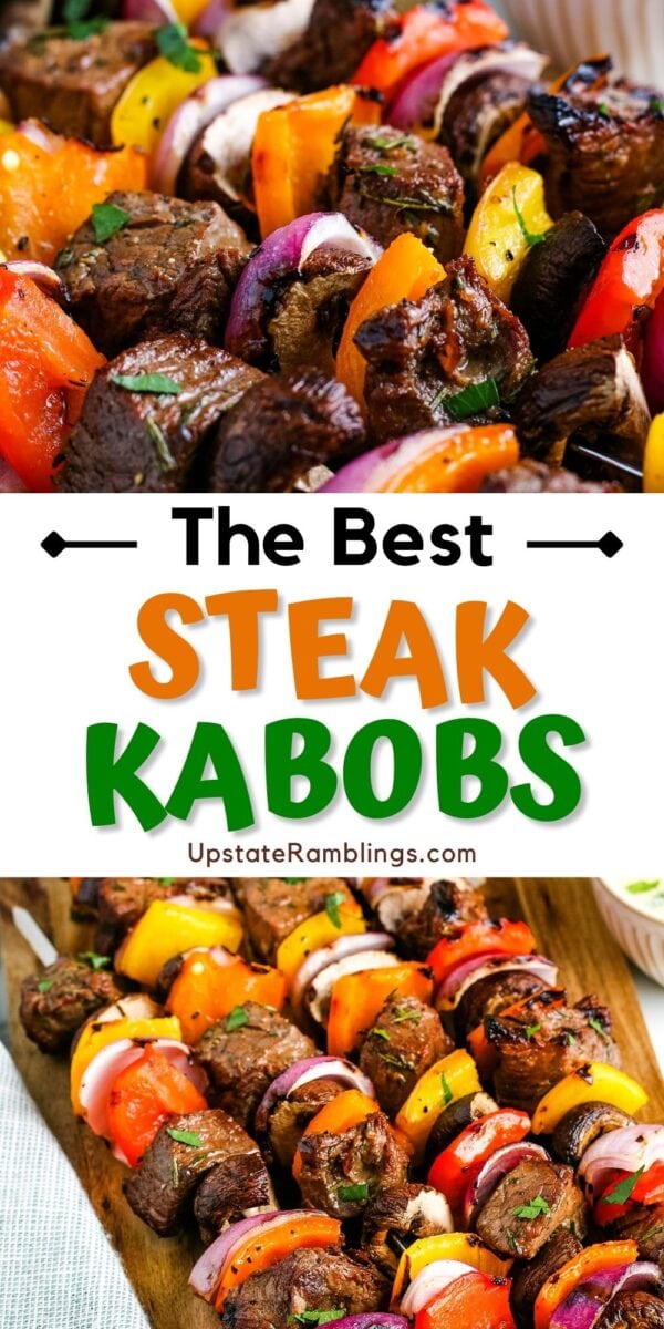 Grilled steak kabobs with juicy chunks of beef, red onion, and colorful bell peppers are served on skewers and displayed on a wooden board for a classic, mouthwatering grilled steak kabob experience.