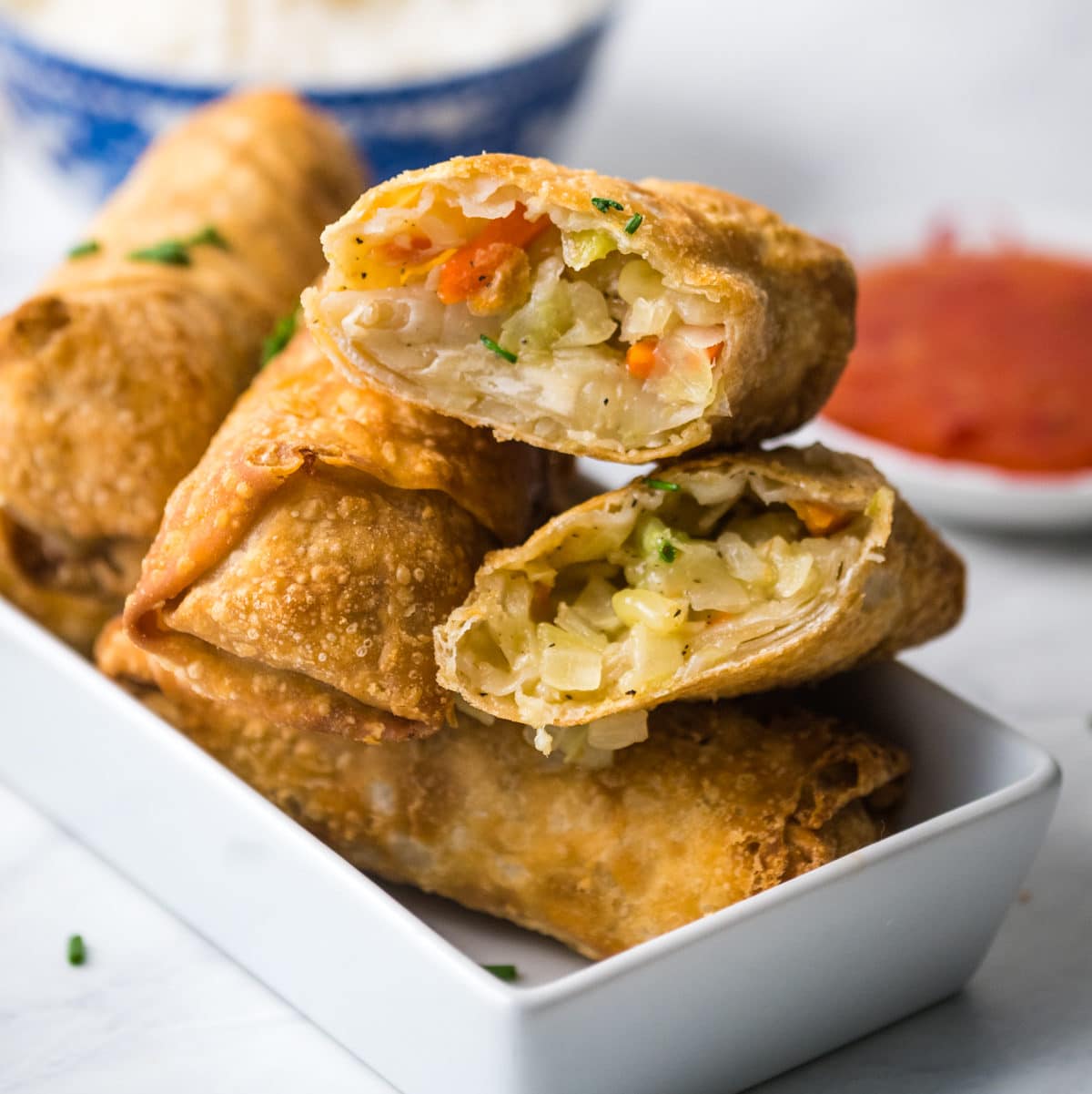 egg rolls stacked and ready for eating