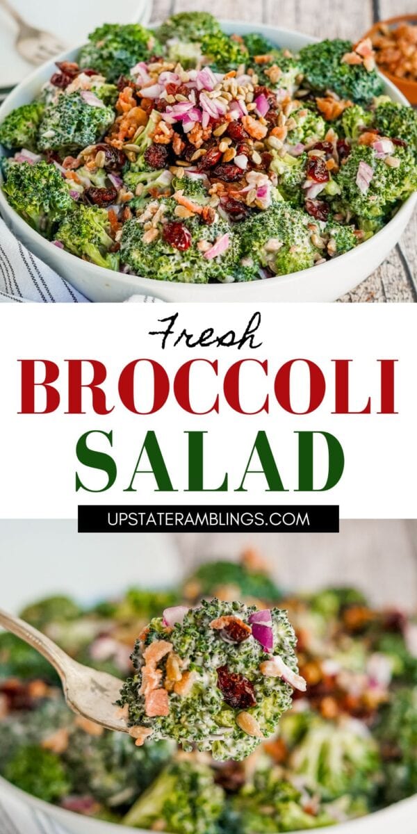 A bowl of broccoli crunch salad topped with chopped red onions, bacon, cranberries, and sunflower seeds, with a close-up of a fork holding a bite-sized portion.