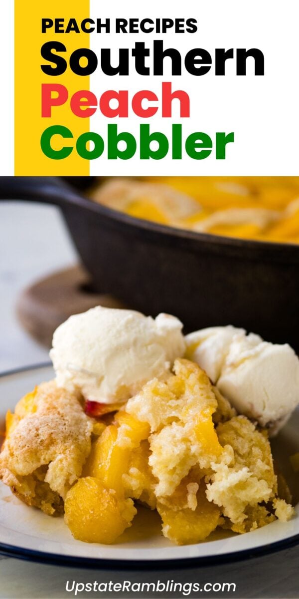 A serving of lazy day cobbler topped with two scoops of vanilla ice cream sits on a plate, with a cast iron skillet of cobbler in the background.