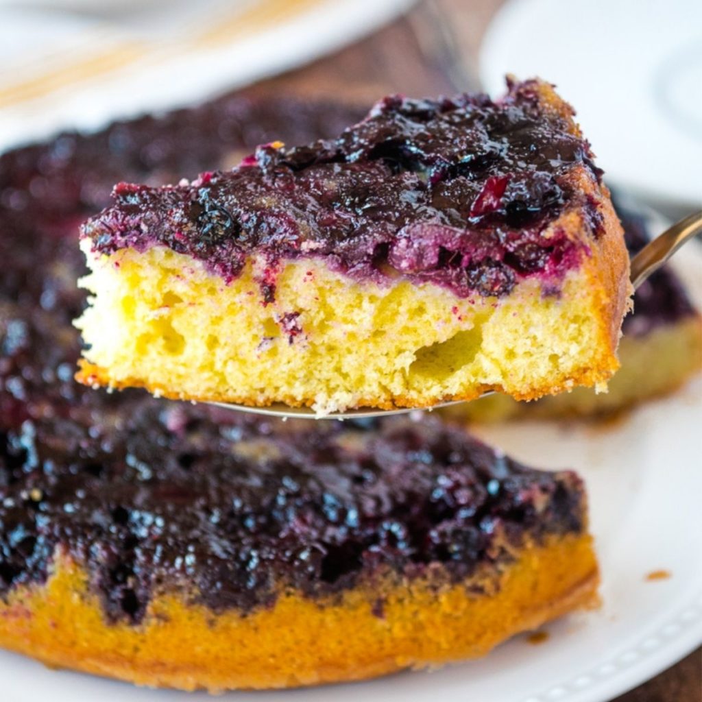 slice of blueberry upside down cake
