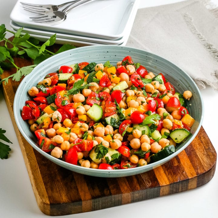 chickpea salad in a blue bowl