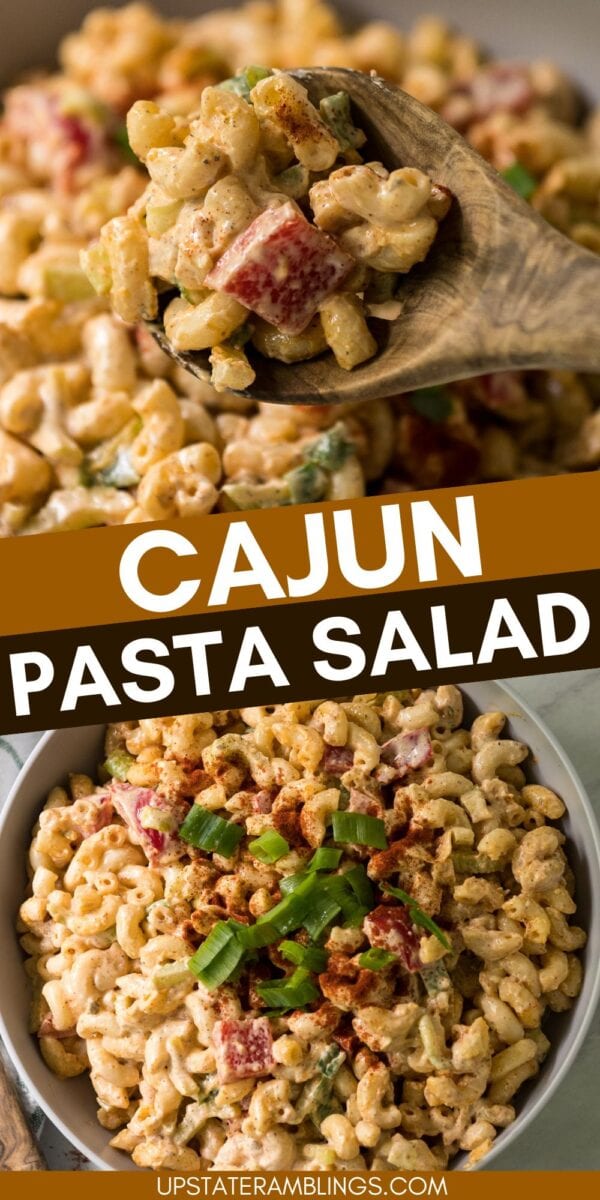 Bowl of Cajun pasta salad with elbow macaroni, diced vegetables, and garnished with green onions and spices; a wooden spoon serves a portion of this flavorful cajun pasta salad.