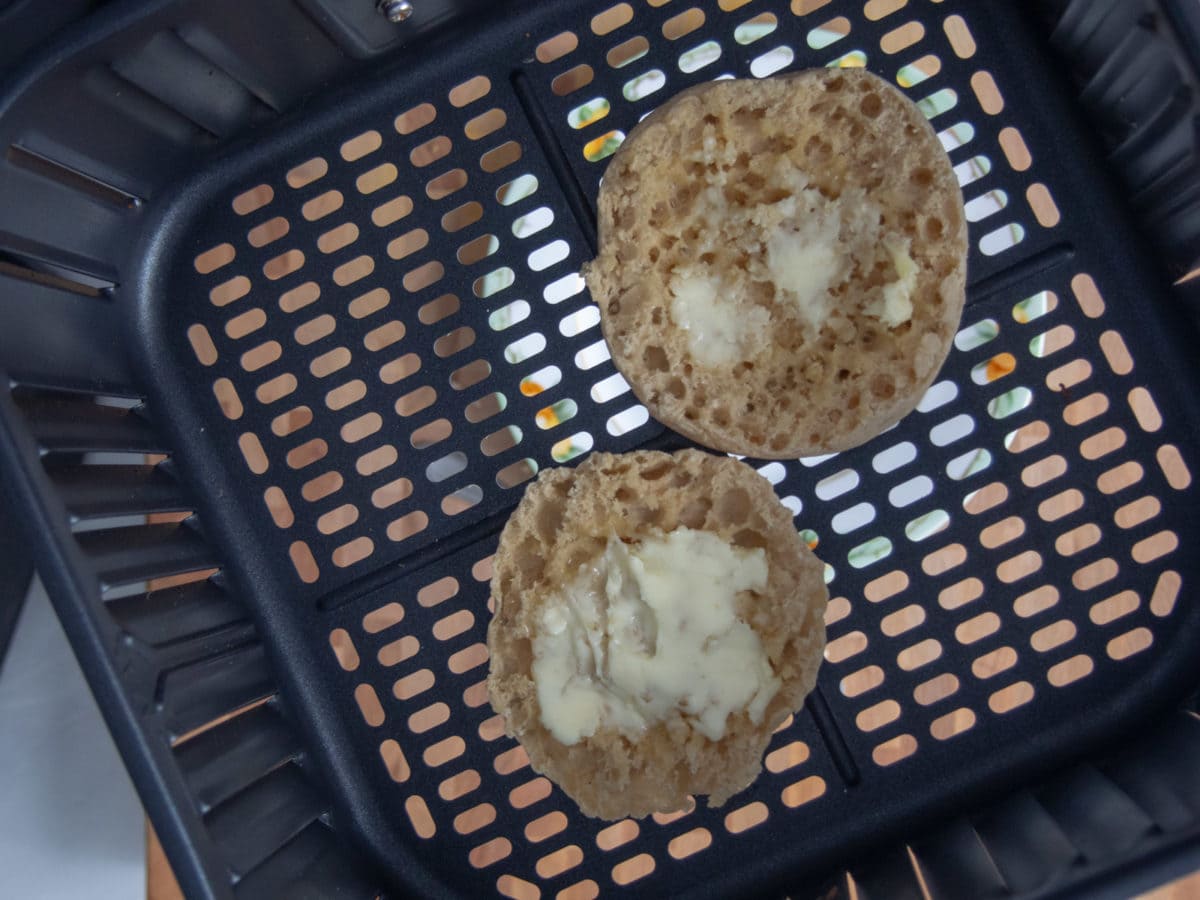 buttered English muffin in air fryer