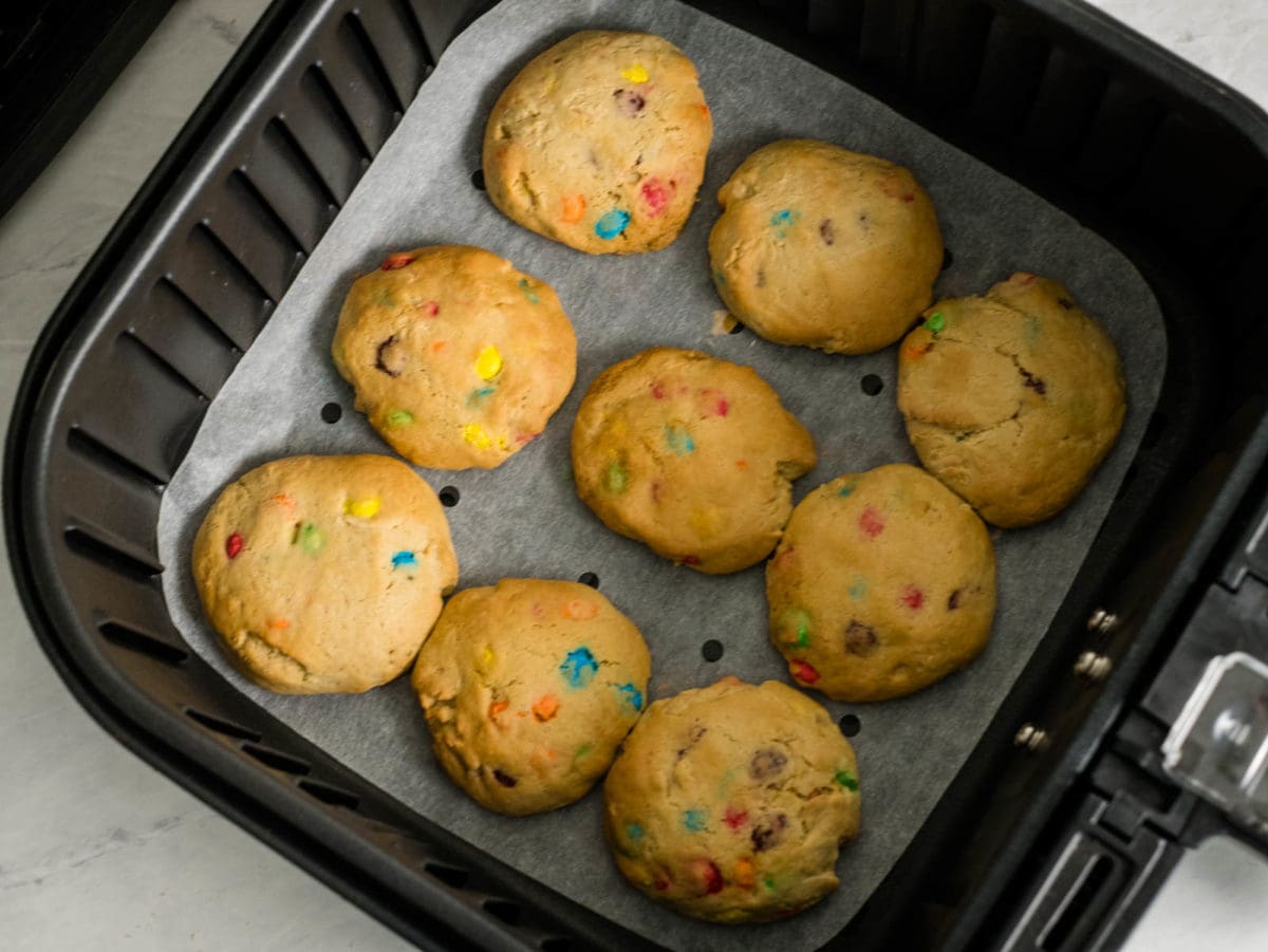 M&M cookies in air fryer basket