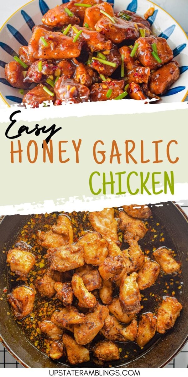 Two images show air fryer honey garlic chicken, with pieces coated in honey garlic sauce—one served in a bowl and the other cooking in a pan. Text overlay reads "Easy Honey Garlic Chicken.
